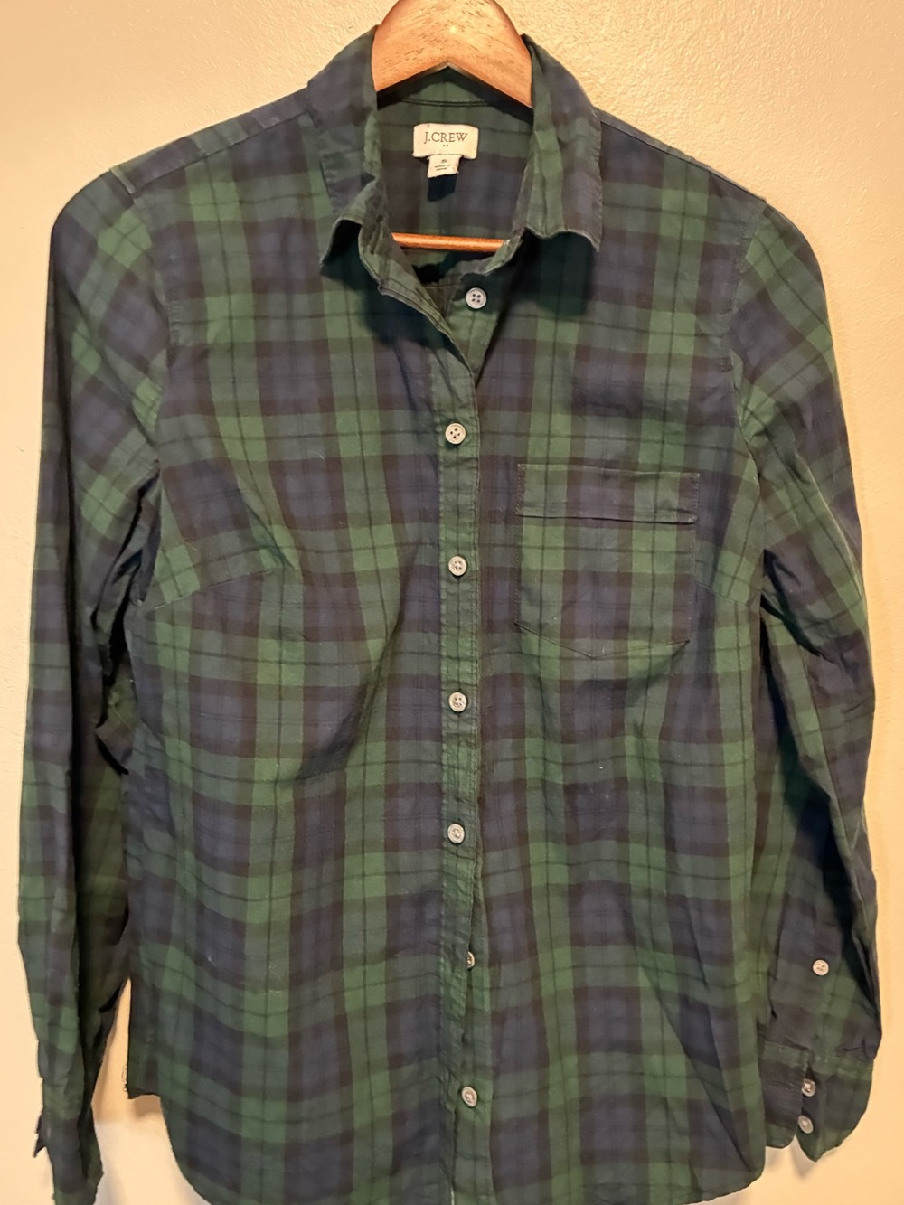 J. Crew women's Cotton plaid button-down shirt green and navy blue. Size S.